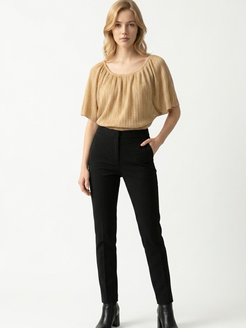 David Bitton Light Tan Textured Short-Sleeve Blouse